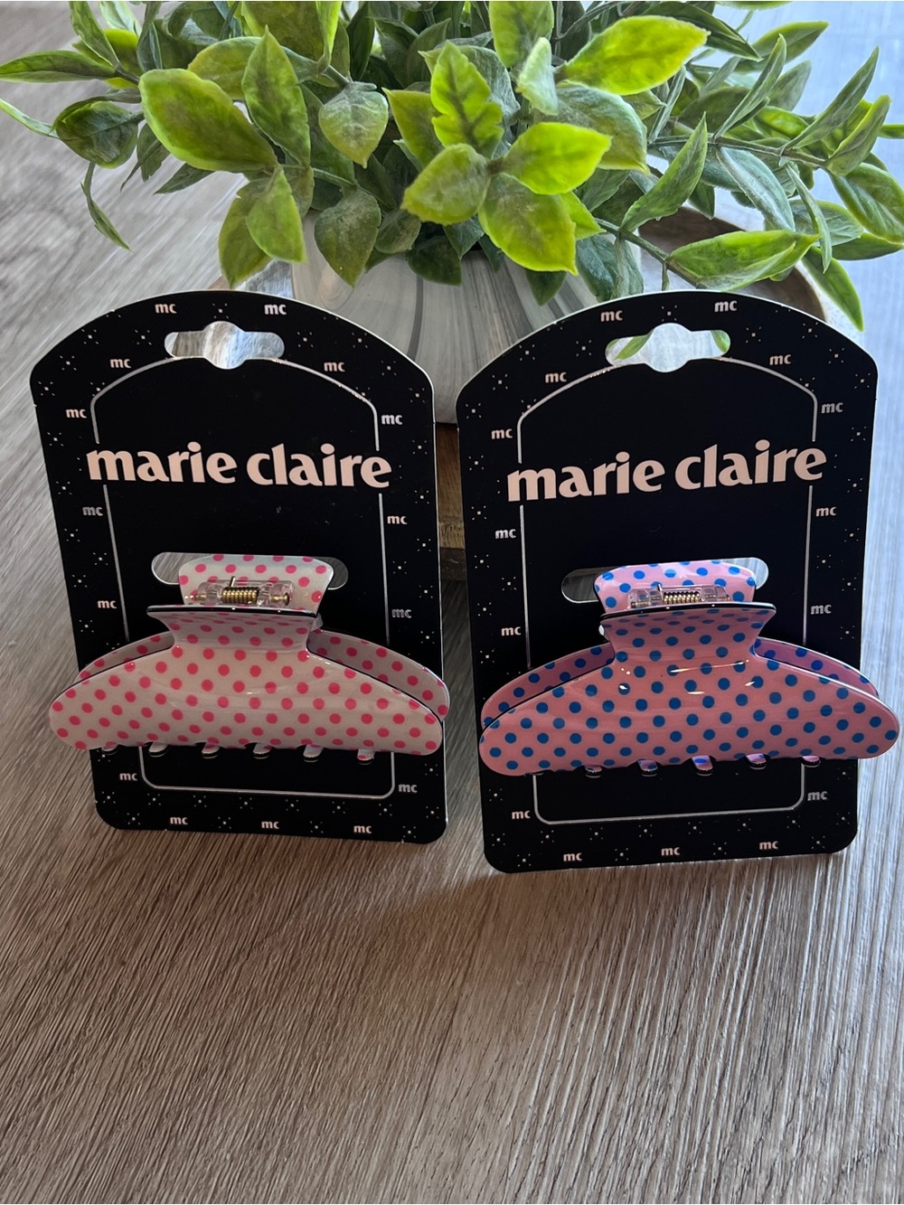 Marie Claire Polka Dot Plastic Acetate Hair Claw Clips Pink/White/Blue Set of 2